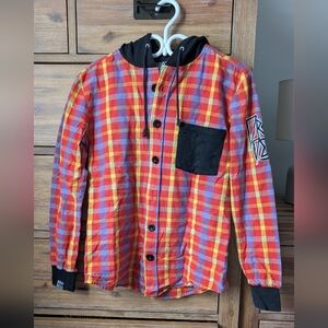 Drop Dead Plaid Button-Up Hoodie with Black Pocket